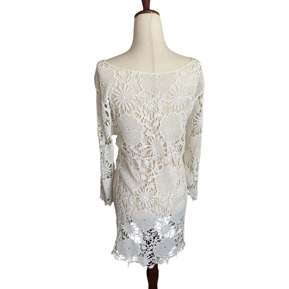 Boho White Cotton Crochet Lace Long Sleeve Dress Tunic Indie Festival Medium - Picture 3 of 6